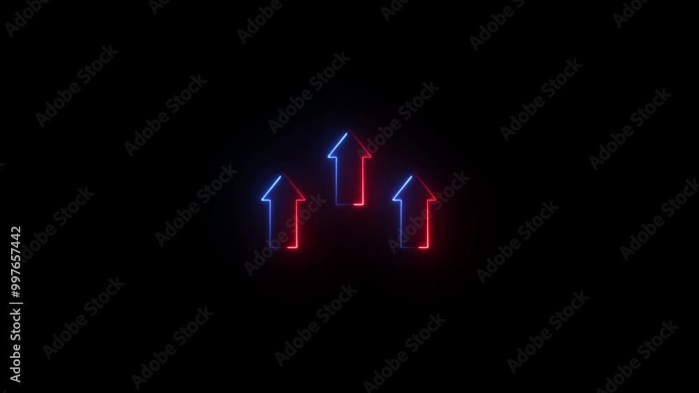 Poster glowing neon line up arrow icon animation on background