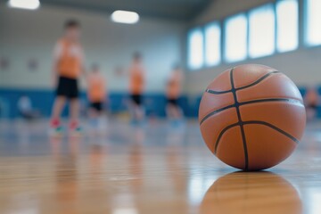 A close-up of a basketball on a basketball indoor room with blurred kids training in the background