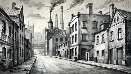 Abstract black and white sketch of an old vintage city street with buildings and factories, architecture, sketch, drawing, city