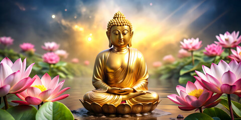 Fototapeta premium Golden Buddha statue sitting peacefully among blooming lotus flowers, Buddhism, Zen, meditation, peaceful, serenity