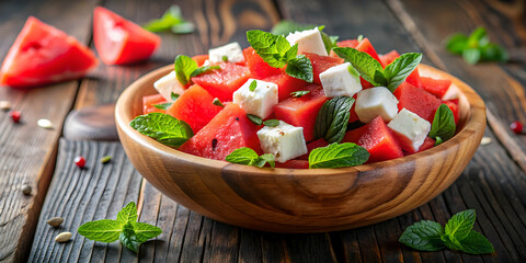 Fresh watermelon salad with feta cheese, mint, and pepper in a wooden bowl, a refreshing summer dish, watermelon, salad, feta cheese