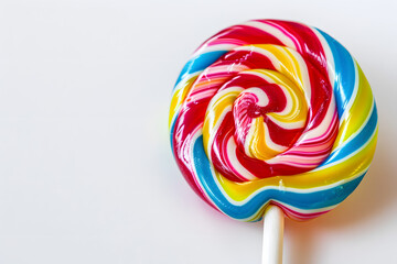 Colorful candy lollipop with vibrant swirls of red, yellow, and blue on plain white background, evoking sense of joy and sweetness