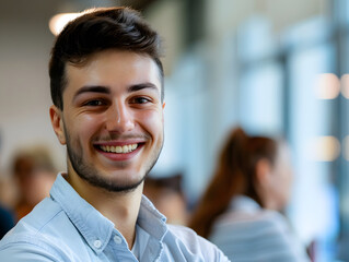 Fototapeta premium Confident young man smiling in professional setting, showcasing positive attitude and engagement. His friendly demeanor adds warmth to atmosphere