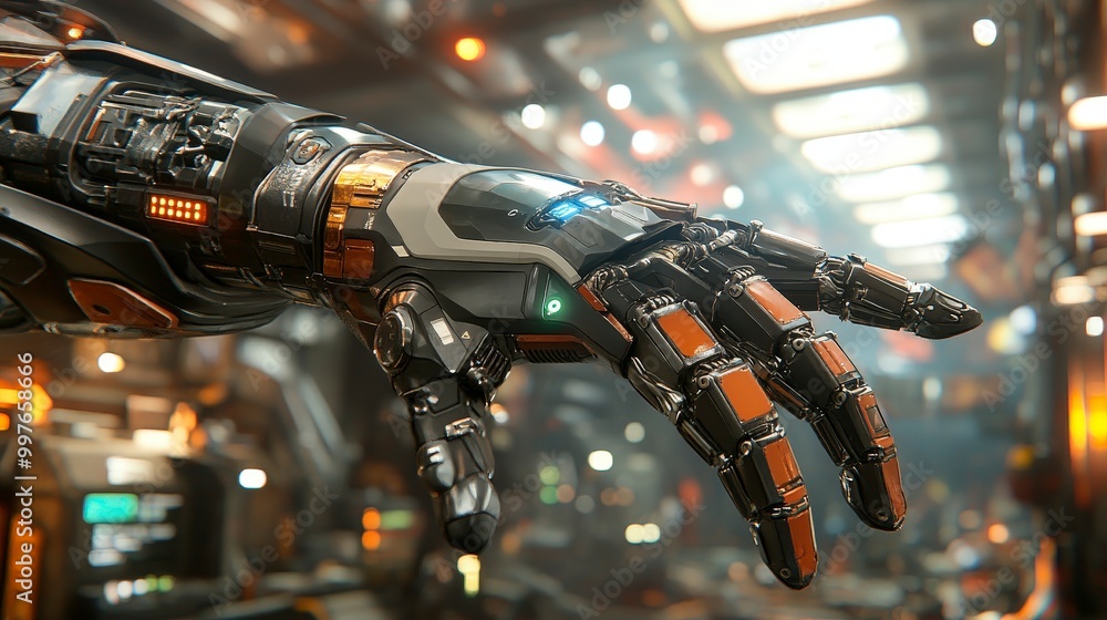 Poster advanced robotic hand reaching out in futuristic laboratory setting
