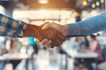 close up of handshake between two business partners in modern office setting, symbolizing agreement and collaboration. warm atmosphere enhances positive emotional connection