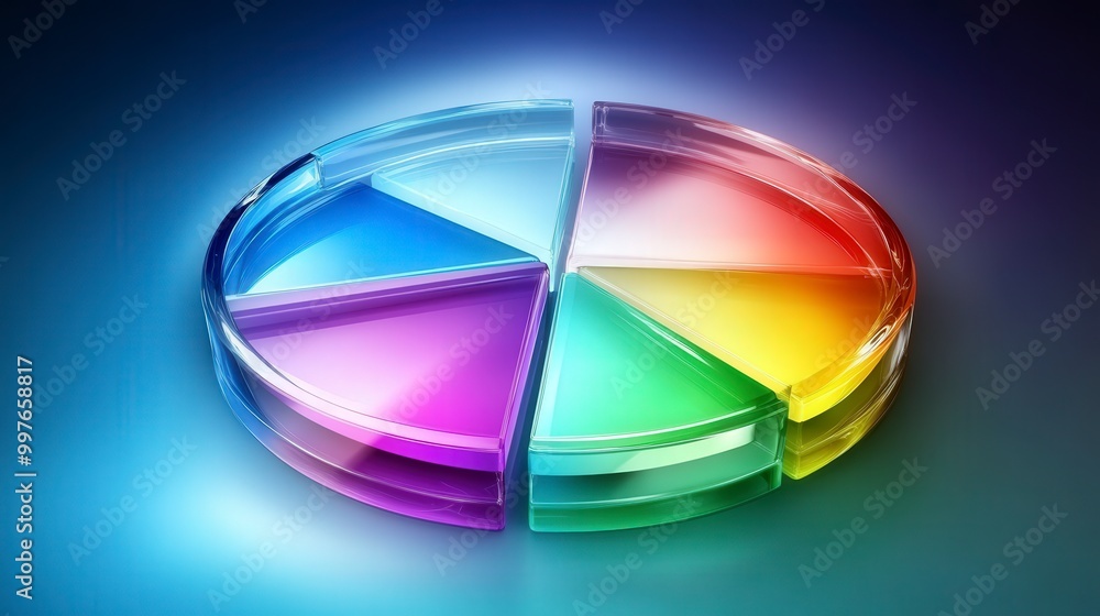 Poster multicolored transparent glass pie chart with glowing sections on gradient background