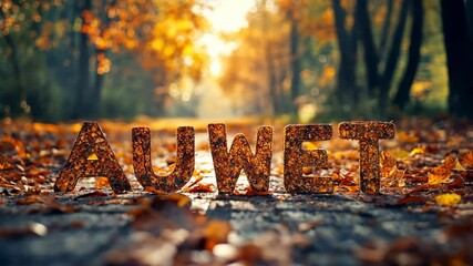 The word autumn is spelled out with fallen leaves on a path in a forest