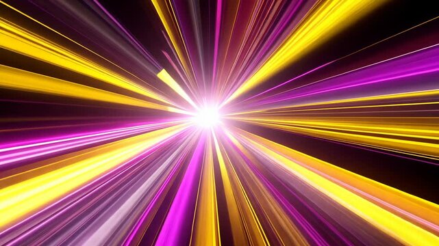 A bright, white light shines through a tunnel of purple and yellow lines, creating a futuristic and energetic visual