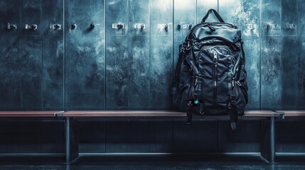 Black backpack on a bench in a locker room with lockers