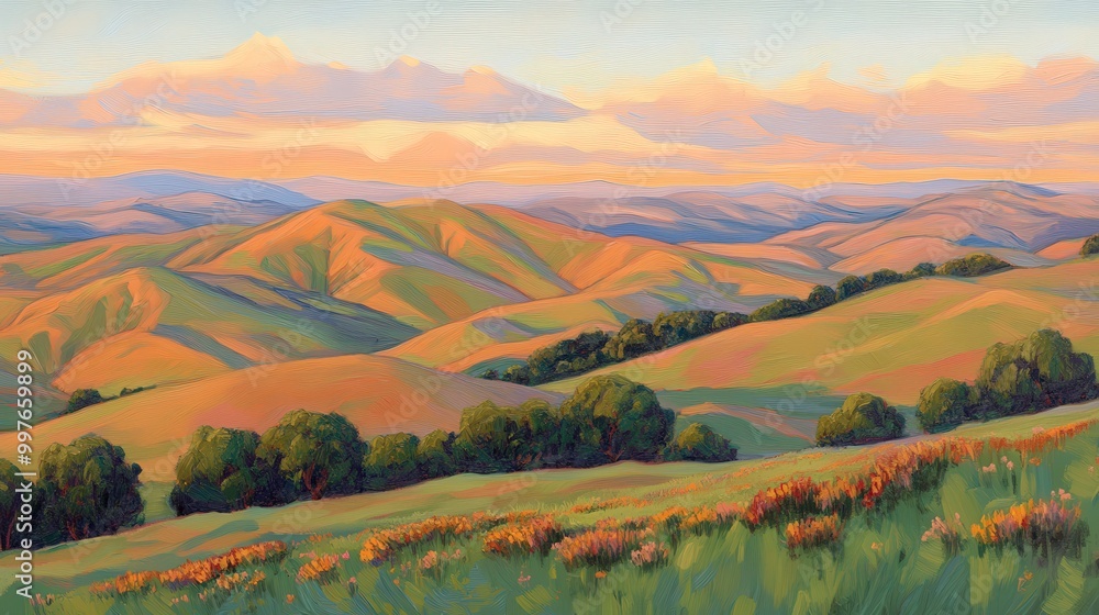 Poster rolling hills and fields at sunset with vibrant colors and clouds
