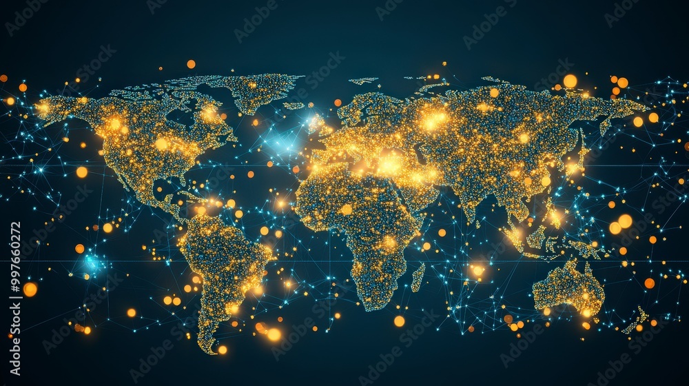 Aufkleber world map with glowing digital connections and network visualization