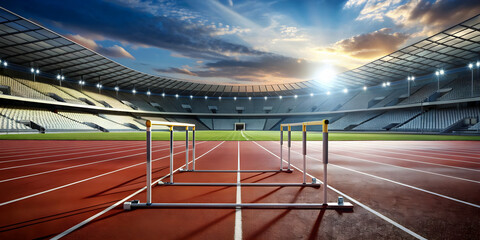 Athletic track with hurdles and stadium in the background, Athletics, competition, running, sports, hurdles, stadium