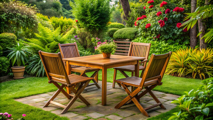 Obraz premium Classic wooden table and chairs set in a lush garden setting, relaxing, outdoor, furniture, lifestyle, nature, relaxation