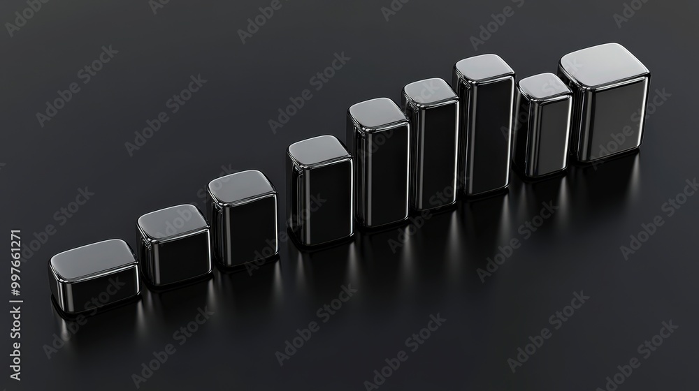 Poster sleek black metallic rectangular blocks displayed on shiny surface in ascending order