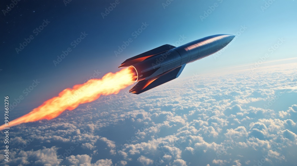 Poster a powerful rocket ascends into the atmosphere, emitting bright flames from its engines, soaring thro