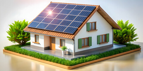 Fototapeta premium Model house with Solar Panel on the roof, showcasing renewable energy concept