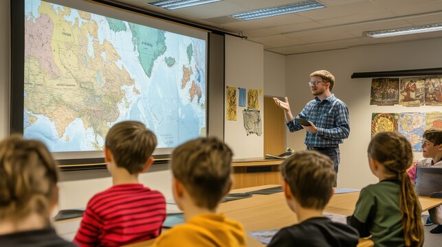 Teacher Presenting a Map to a Group of Students in a Classroom