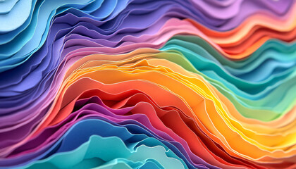 Obraz premium Layers of paper-cut designs forming a 3D effect, creating shapes like landscapes, animals, or abstract patterns in a vibrant color palette