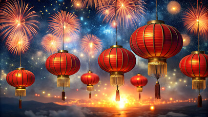 Fototapeta premium Traditional Chinese lanterns glowing against colorful fireworks display in the night sky, Chinese, lanterns