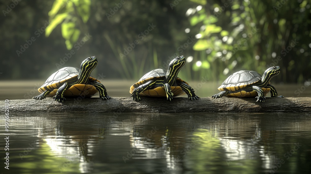 Poster three turtles basking on a log in a serene forest setting