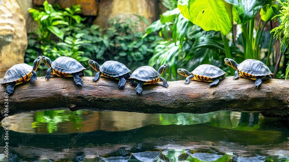 Aufkleber row of turtles resting on a log in a lush environment