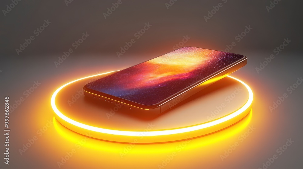 Poster smartphone displayed on futuristic glowing circular platform in dark setting
