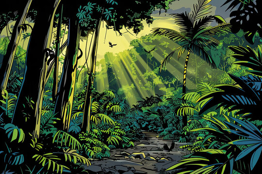 Classic comic jungle scene; thick foliage, river, sunbeams through canopy, birds overhead.