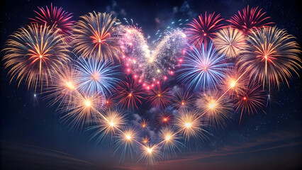 Fototapeta premium Fireworks exploding in the shape of a heart in the night sky, fireworks, heart, celebration, love, night, colorful
