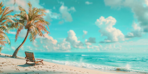 Obraz premium beach with palm trees, a beach chair, and sea. Summer photo setting, perfect for a greeting card, holiday themed design work, vacation and dream travel getaways 