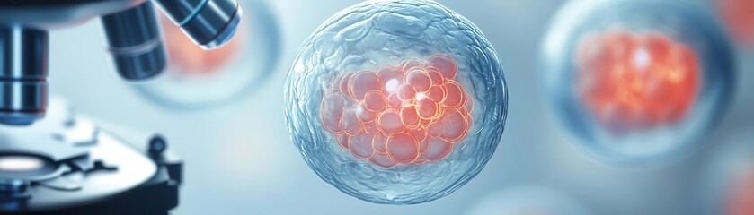 Close-up of the first few cells of an embryo under a microscope, microscopic detail, early embryonic science