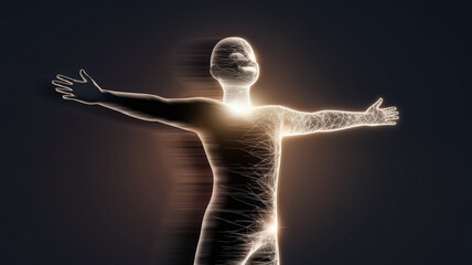 Obraz premium A glowing human figure with outstretched arms, symbolizing freedom and enlightenment against a dark background.