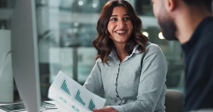 People, employees and high five in office with computer or document with graphs for financial reports or review. teamwork, collaboration and happy or excited with project success and achievement