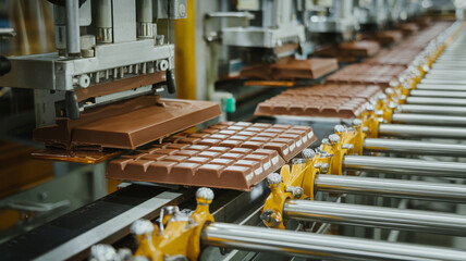Chocolate bars being produced on a modern manufacturing line, showcasing the process of candy making.