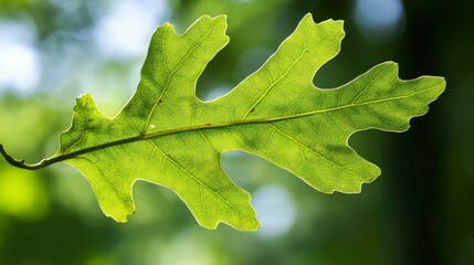 Close-up of a green oak leaf with sunlight shining through