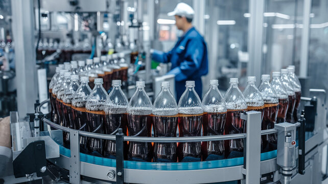 Production line with bottles of cola in a factory setting, showcasing automated beverage bottling process.