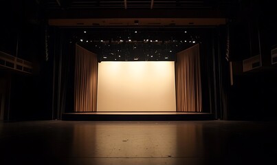 Empty Stage with Brown Curtains and a White Screen