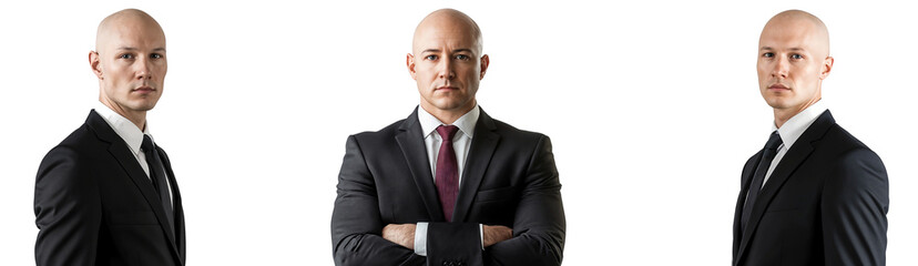 Portrait of a group of three bald businessmen in suits, isolated on transparent background