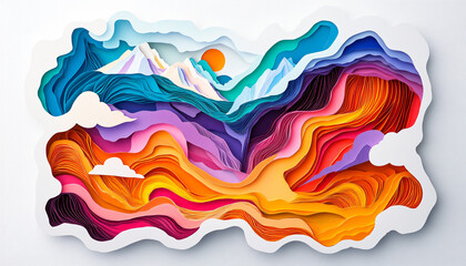 Layers of paper-cut designs forming a 3D effect, creating shapes like landscapes, animals, or abstract patterns in a vibrant color palette