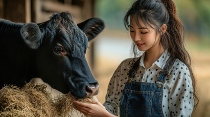 A farmer feeds her cow in a cozy barn while wearing stylish overalls. The scene captures a peaceful rural moment.