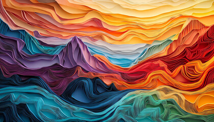 Fototapeta premium Layers of paper-cut designs forming a 3D effect, creating shapes like landscapes, animals, or abstract patterns in a vibrant color palette