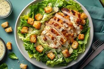 Fresh Grilled Chicken Caesar Salad in White Dish with Parmesan and Garlic Croutons on a Vibrant Teal Cloth Table, Styled for a Clean and Minimalist Aesthetic