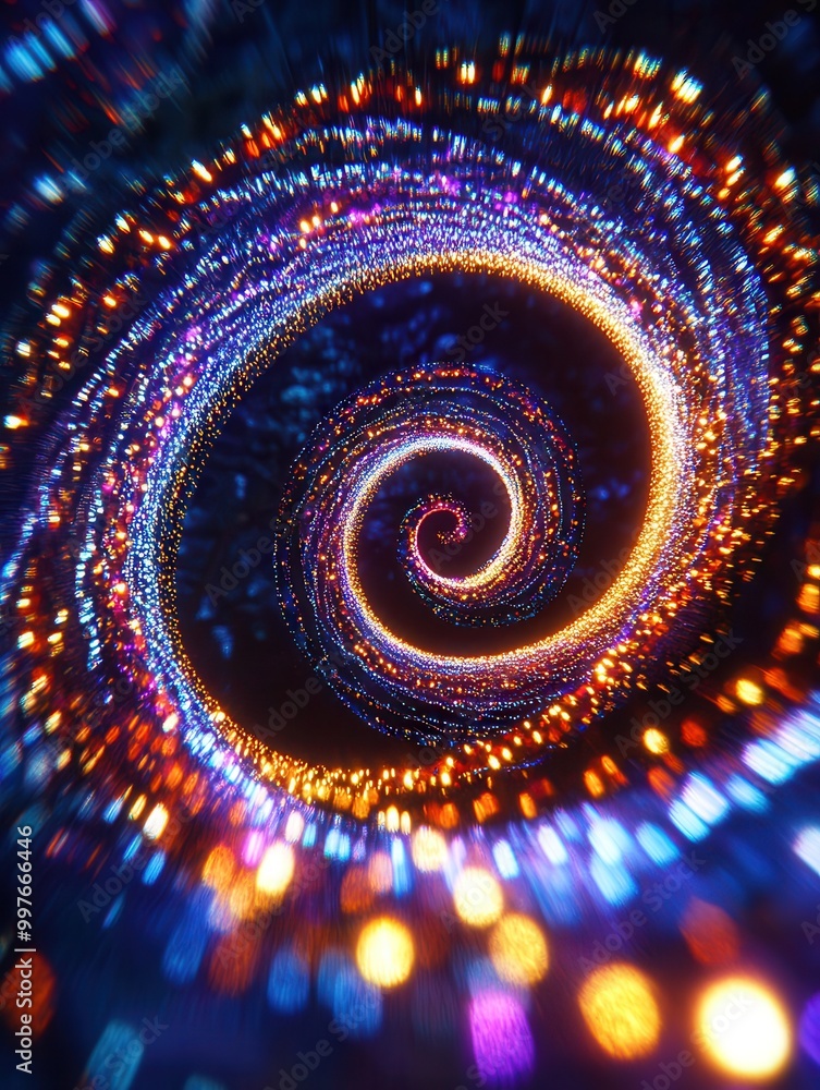 Poster Brightly colored Christmas lights form a dynamic spiral pattern, illuminating the surroundings in a festive and joyful display. Generative AI