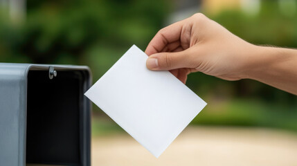 Obraz premium A detailed view of a hand placing a ballot in a mailbox, highlighting secure voting and election participation in the democratic process. Ideal for election-related content.