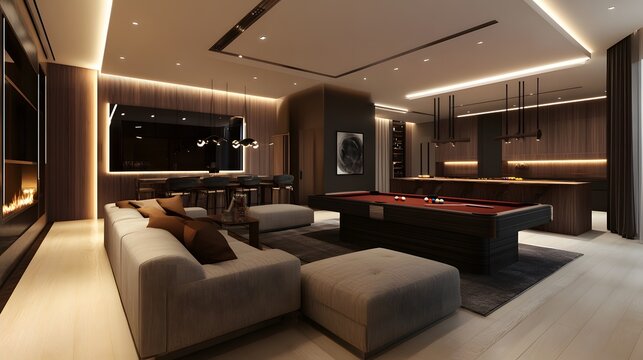 40. A contemporary game room with a pool table, comfortable seating, and a bar