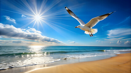 Fototapeta premium Sunny beach scene with a seagull flying overhead, beach, bird, seagull, sunny, ocean, sand, waves, coast, tropical, wildlife