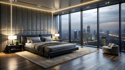Dark and foreboding penthouse bedroom with a bed overlooking the city , luxury, modern, urban, interior design, eerie, mysterious