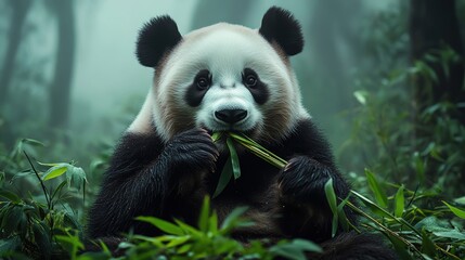 Fototapeta premium Giant panda munching on bamboo in misty forest
