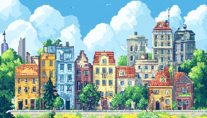 Fototapeta premium A retro-inspired, pixelated landscape or city scene reminiscent of classic 8-bit video games, perfect for a nostalgic yet playful vibe