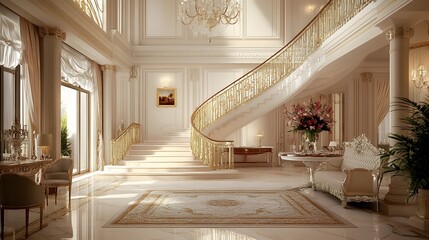 42. A beautiful foyer with elegant furniture, a chandelier, and a grand staircase