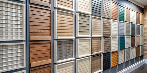 Vinyl siding samples displayed for choosing wall facing options, vinyl, siding, samples, options, variety, colors